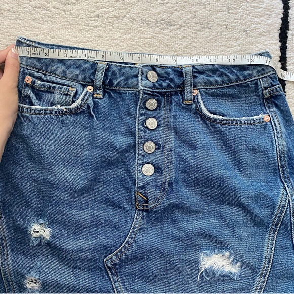 WE THE FREE Blue Harvey Distressed Button Denim Mini Skirt - Picture 9 of 12
